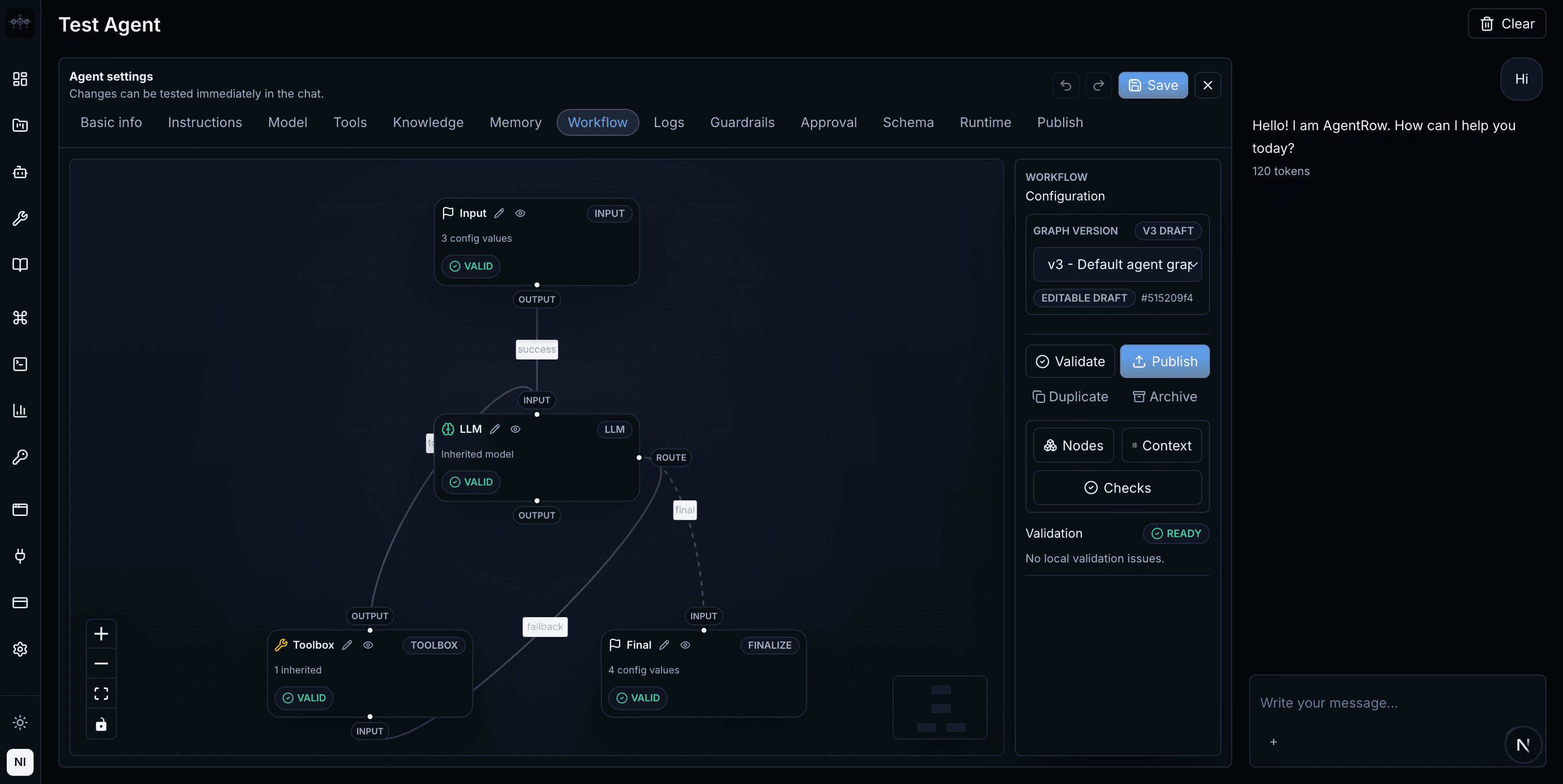 AgentRow visual agent builder with chat, workflow graph, and live run trace
