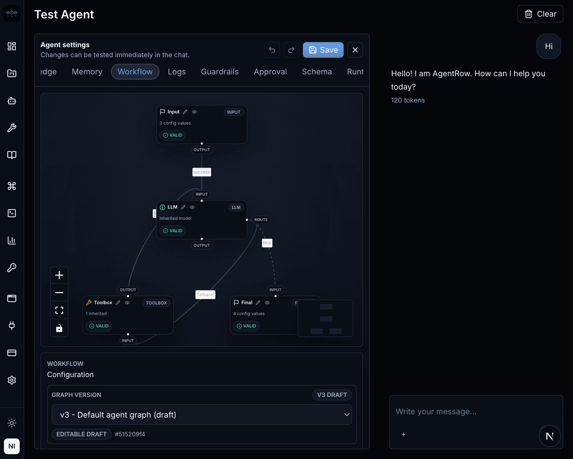 AgentRow agent chat workspace with editable configuration panel