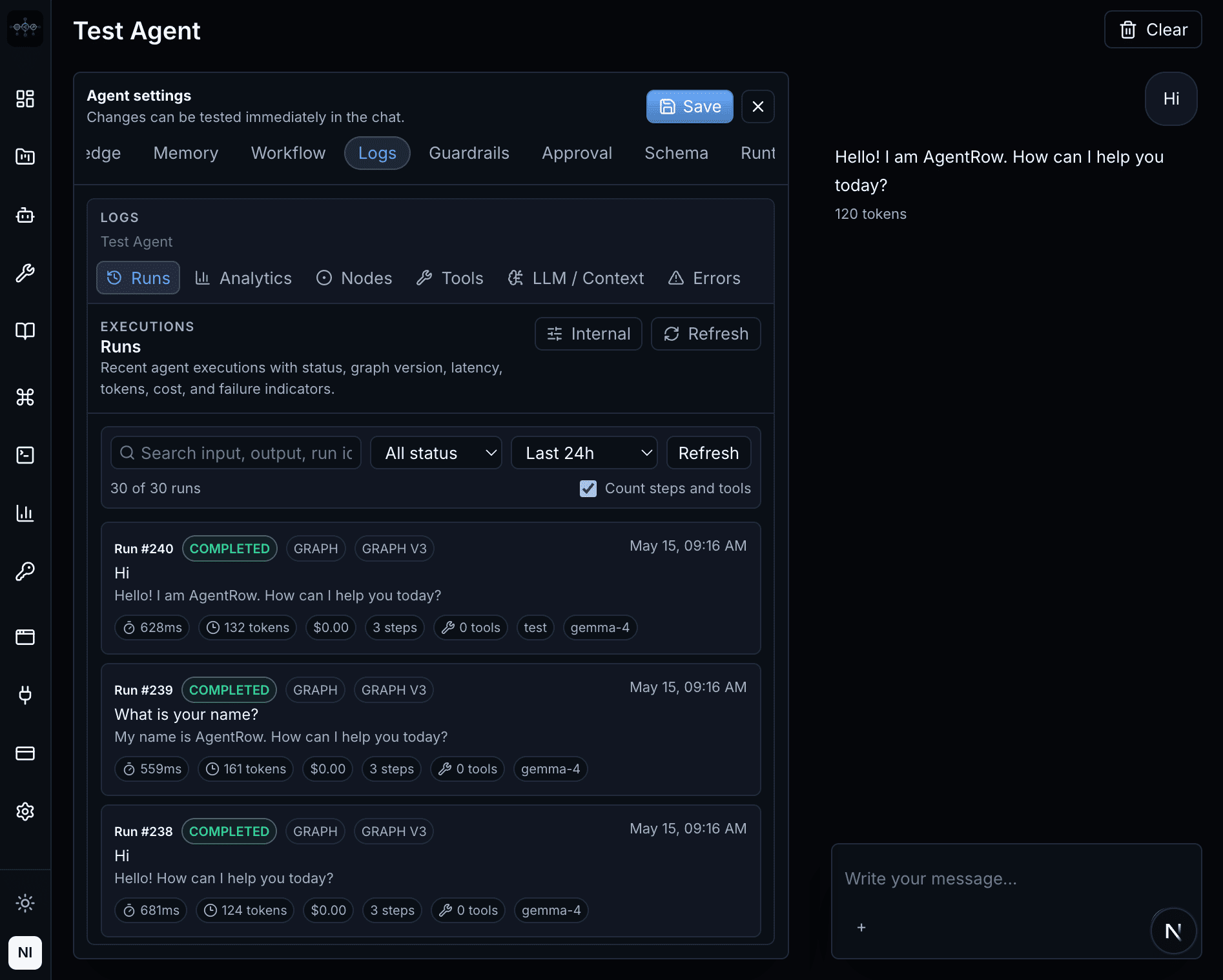 AgentRow workflow graph and runtime logs beside a live agent conversation