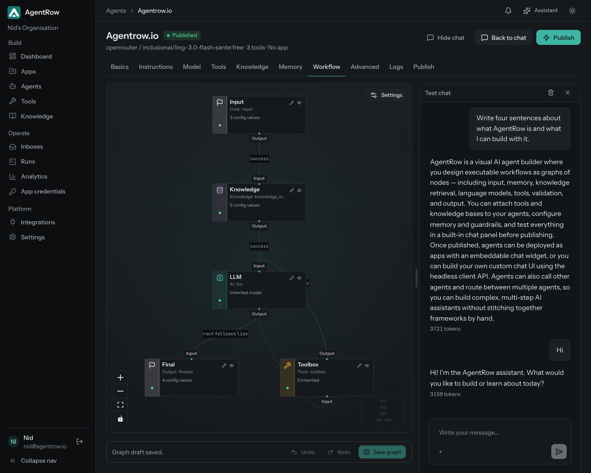 AgentRow workflow graph beside a live agent conversation